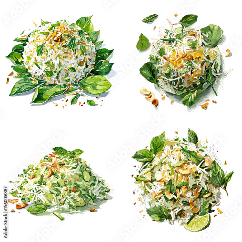 Fresh Thai herbal rice salad illustration featuring fragrant herbs, shredded coconut, lime, and peanuts—ideal for healthy eating visuals and Southeast Asian cuisine themes.

