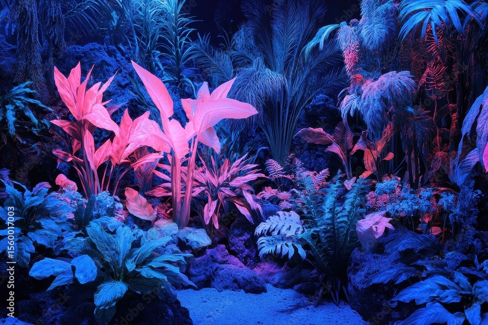Obraz premium Tropical plants illuminated with blue and pink fluorescent light, Lush tropical plants bathed in blue and pink fluorescent light, enhancing their vivid colors and unique shapes