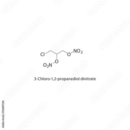 3-Chloro-1,2-propanediol dinitrate skeletal structure. Halogenated nitrate ester compound schematic illustration. Simple diagram, chemical formula.