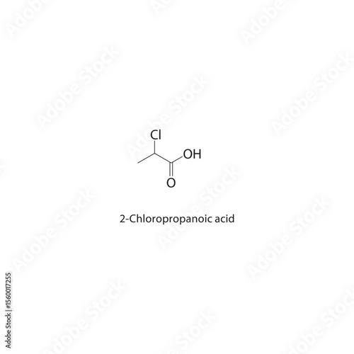 2-Chloropropanoic acid skeletal structure. Halogenated carboxylic acid compound schematic illustration. Simple diagram, chemical formula.