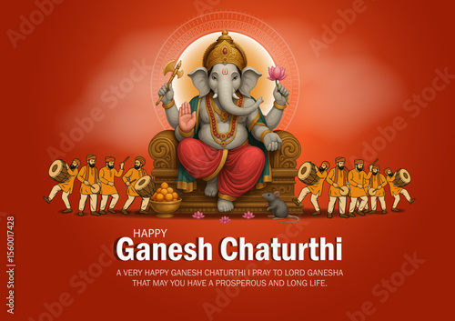 Happy Ganesh Chaturthi Celebration with Lord Ganesha Idol and Devotees