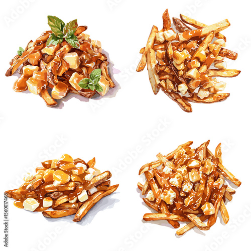 Delicious illustration set of poutine with crispy fries, rich brown gravy, and cheese curds in various toppings, perfect for food-related creative content.

