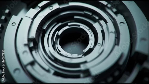 Close up of intricate metallic circular mechanism with concentric rings design