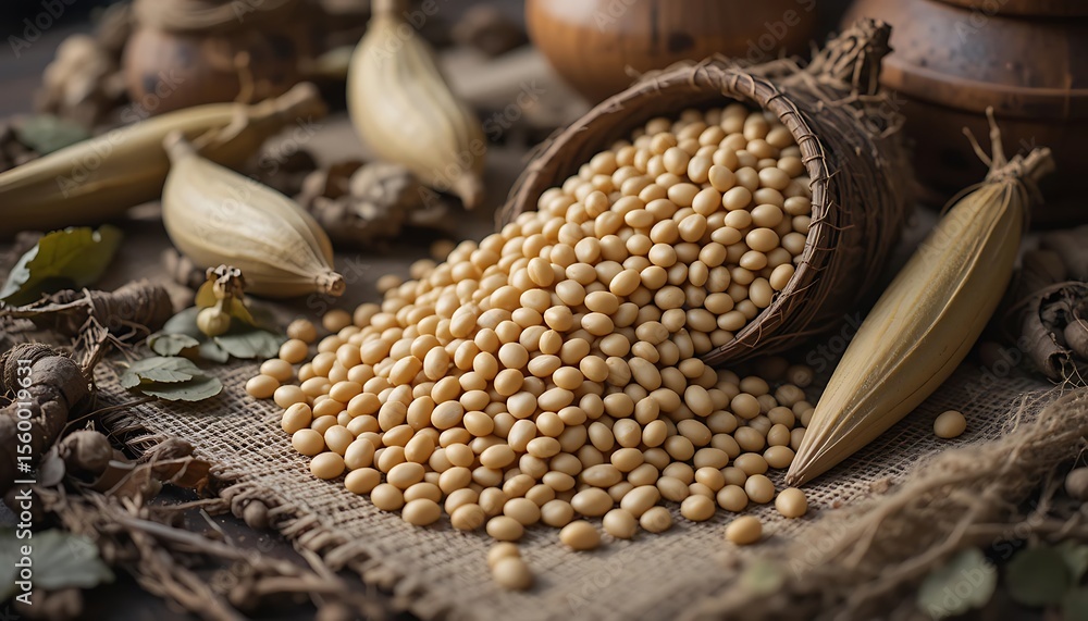 Naklejka premium Soybeans Harvest: Rustic Still Life Photography