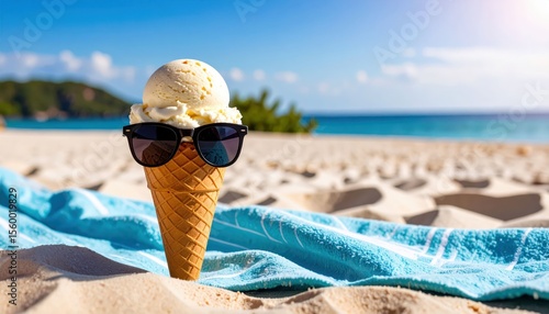 Ice cream cone wearing sunglasses on a beach towel with a serene ocean backdrop and a bright sunny sky