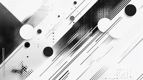 Abstract geometric design featuring circles lines and halftone patterns in monochrome tones style