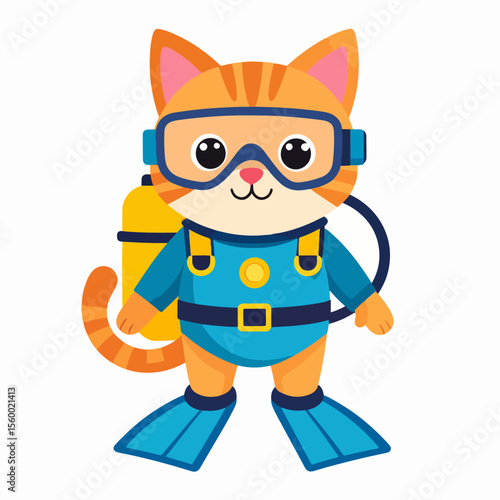 Orange tabby cat in diving suit Yellow tank blue goggles flippers Standing pose