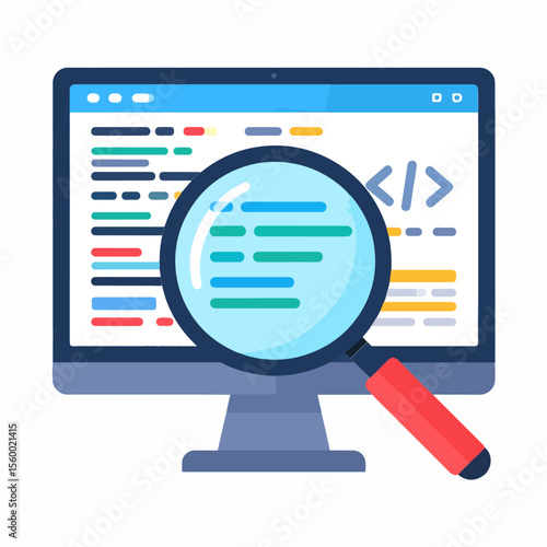 Monitor displaying code is focused with a magnifying glass highlighting software development or debugging