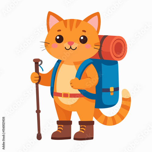 Orange cat hiker with blue backpack holding hiking stick