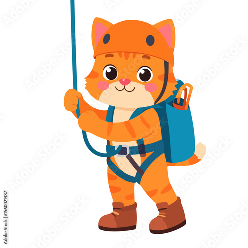 A cartoon cat clad in climbing gear including helmet harness boots and backpack grips a rope ready for an ascent