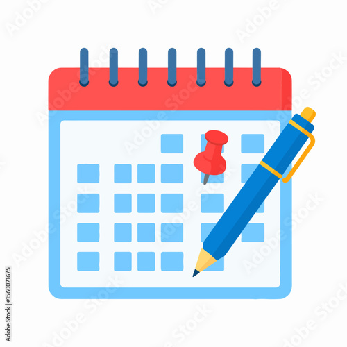 A calendar with a red pushpin and a blue pen is shown
