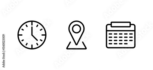 Calendar, Location pin, Clock icons. Event icon set. Address, time, date symbols vector