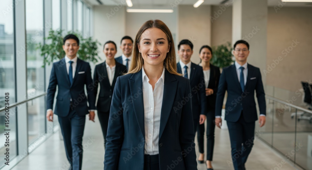 Group of business people walking in a hallway smiling at the camera Group of business people walking in a hallway smiling at the camera