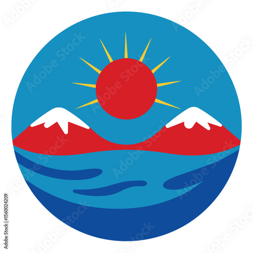 Circular illustration:  Bright sun over red mountains and blue water; minimalist, cheerful, summery design.