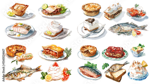 Hand-drawn seafood and savory pie illustration with fish dishes, creamy desserts, and baked meals. Great for culinary menus and rustic food visuals.

