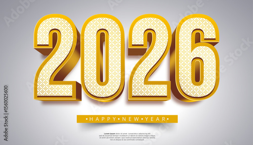 Golden 3D numbers 2026 with intricate pattern Happy New Year text below