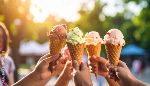 Group of hands holding ice cream cones in a park, showcasing various flavors during a sunny day with greenery in the background