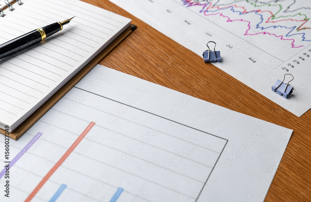 Financial charts and graphs with notebook on table. Business analysis, financial planning, status report, data interpretation concept. Financial charts and graphs with notebook on table. Business analysis, financial planning, status report, data interpretation concept.
