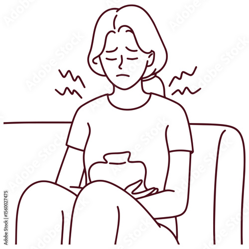 Line drawing of woman holding heating pad to stomach while sitting with painful expression. Shows discomfort from menstrual cramps and period pain