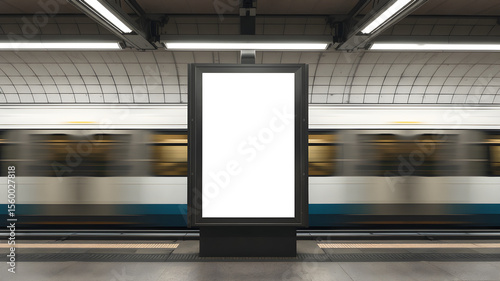 Blank Advertisement Billboard in an Underground Train Station with Blurred Train Motion, Ideal for Mockups and Urban Advertising Campaigns, Copy Space Available