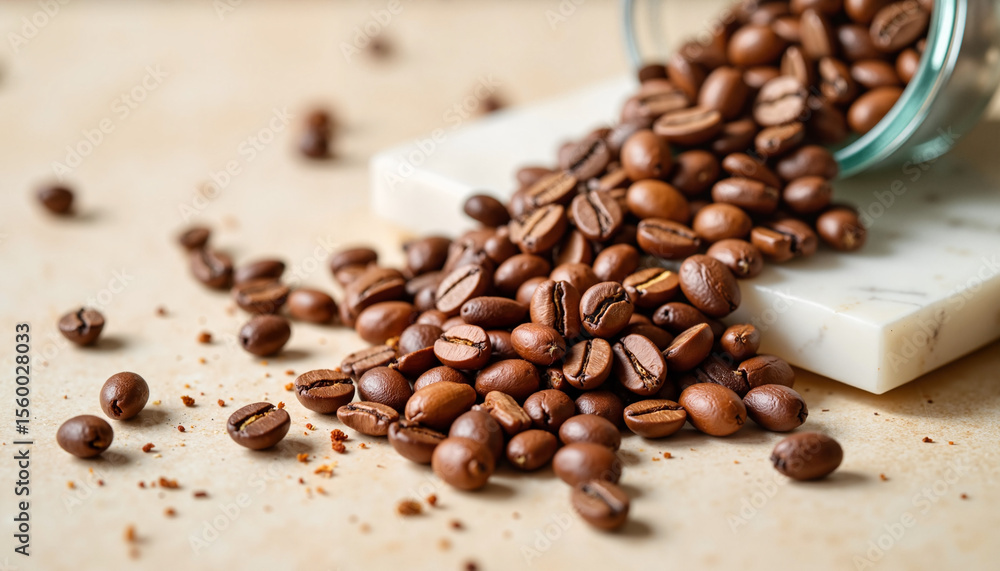 Naklejka premium Coffee beans spilling from jar onto marble surface 