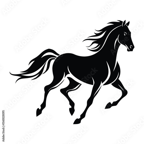 Stylish black silhouette of a galloping horse with flowing mane and tail, ideal for tattoos, logos, or prints. High-quality vector art for versatile designs