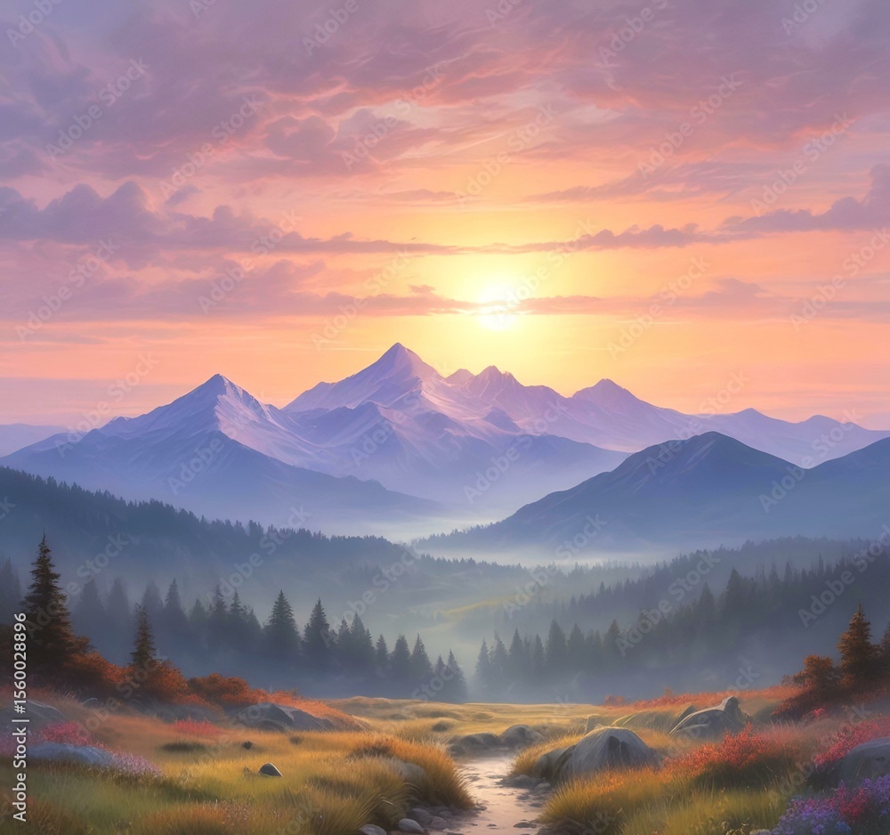 Obraz premium Illustration sunrise landscape in pastel colors.