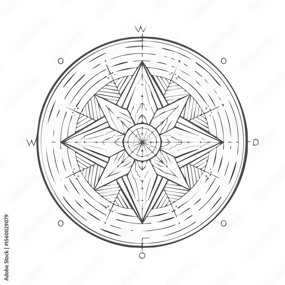 Fototapeta premium Monochrome compass rose with eight points and cardinal directions, detailed navigational symbol