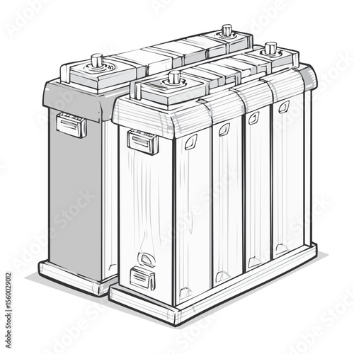 Illustration of Industrial Battery Bank for Uninterruptible Power Supply Line art style for use with renewable energy projects and backup power sources