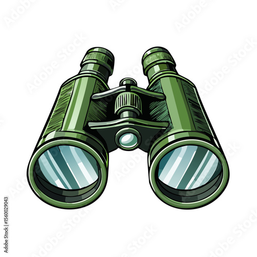 Green Binoculars Pointing Upward on a Black Background, Surveillance Illustration