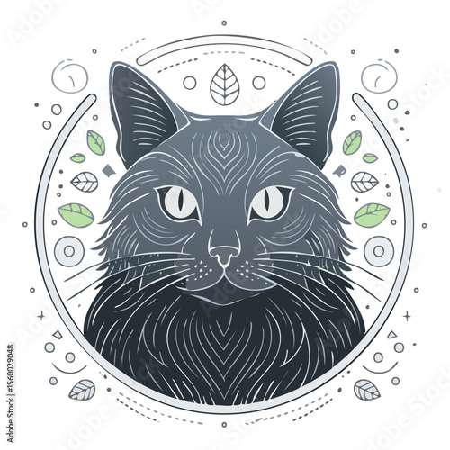 Elegant gray cat portrait in circular frame with botanical accents on black background artful feline illustration