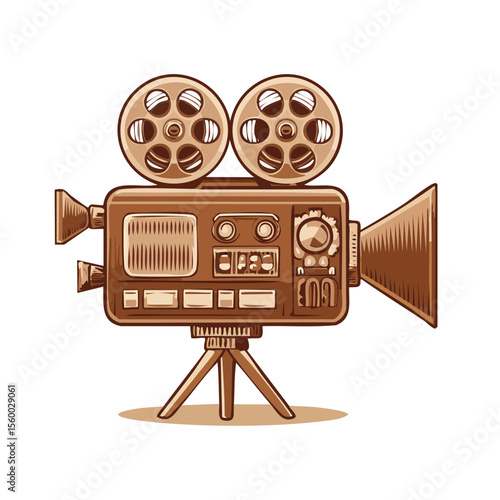 Antique Movie Camera Illustration Cinema Film Industry Projector Reels Vintage Style Vector Graphic Isolated on Black Background