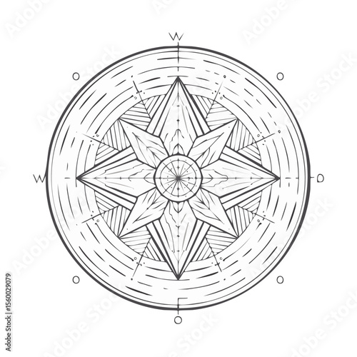 Monochrome compass rose with eight points and cardinal directions, detailed navigational symbol