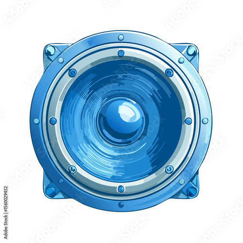 Illustration of a blue loudspeaker with bolts on a black background. Icon of a speaker suitable for audio and music-related design projects.
