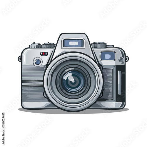 Illustration of a vintage silver camera with lens on black background for capturing memories and creative projects