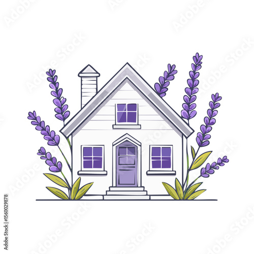 Charming Home Illustration with Lavender Accent Isolated on Black Background Shows Serenity and Beauty of the Landscape with its Floral Design