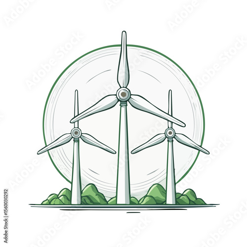 Wind turbines generating clean energy in a rural landscape with hills illustration alternative energy windmills sustainable environment renewable electricity