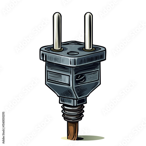 Electric plug illustration Power adapter detail Cartoon style Connector appliance Electrical safety Cable end with metallic pins on black background