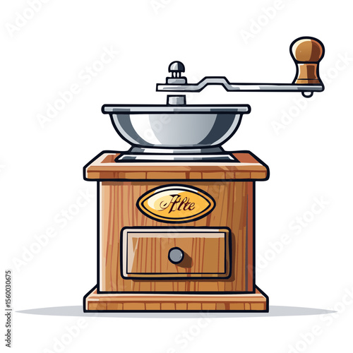 Cartoon style illustration of a vintage wooden coffee grinder with a handle