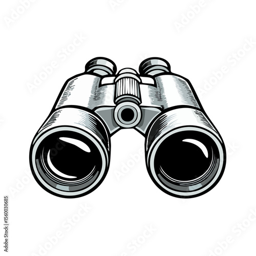 Detailed illustration of optical binoculars for exploration observation and hunting purposes on a solid black backdrop, scouting the wilderness