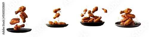Set of spicy chicken wings in motion isolated on white background