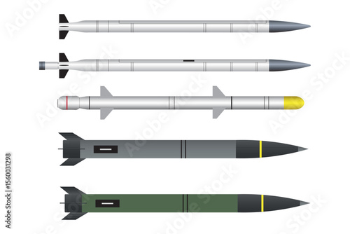 3D industrial cruise ballistic missile set. Realistic strategic weapons art. War technology. Aircraft military bomb. Vector illustration