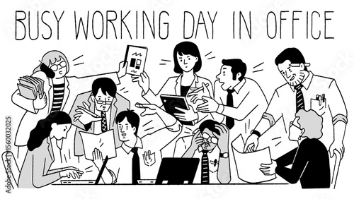 Very busy working of office workers or teamwork in day. Cute character illustration, outline, linear, thin line art, hand drawn sketch design, simple style