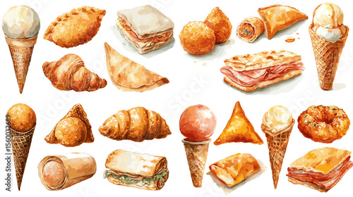 Fun hand-drawn illustration of assorted pastries, empanadas, croissants, and ice cream cones. A sweet and savory bakery mix for food design and snack concepts.


