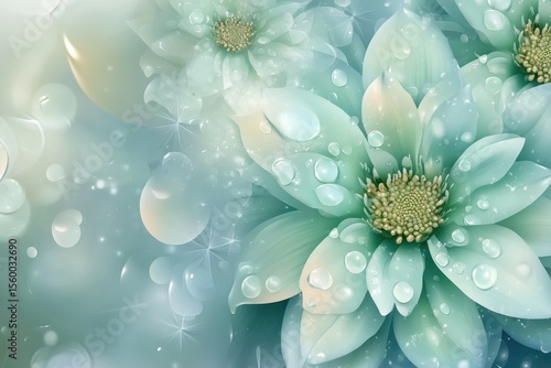 Seamless pattern with celadon green flower and water drops on blurred background, Celadon green flowers with water drops create a seamless pattern against a blurred backdrop