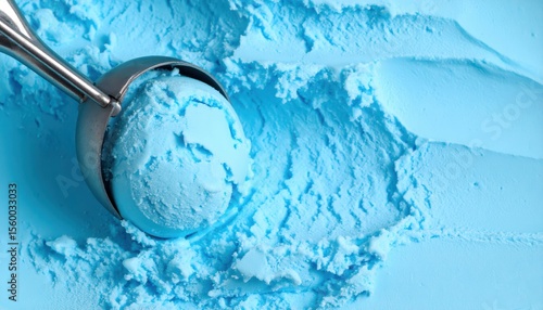 Close-up of a metal ice cream scoop with a blue ice cream ball on a textured blue background