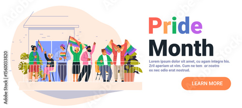 Pride month celebration diverse people holding rainbow flags balcony festive atmosphere modern flat background website banner