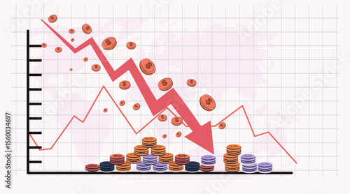 Falling red arrow financial crisis economic recession graph coins stacks world map grid background downward trend