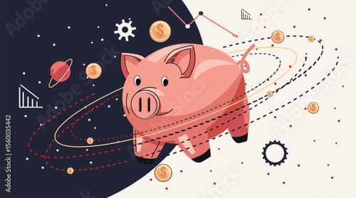 Piggy bank economic crisis recession concept piggy bank floating in space surrounded by falling coins declining graphs gears abstract background