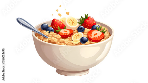 Bowl of oatmeal with fruits and a spoon. Breakfast cereal porridge. Oat food. Natural product. Healthy eating idea. Cartoon vector illustration.
